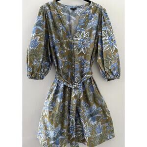 Talbots Petite 16P Olive Blue Floral Print Shirt Dress Belt Button Front Pockets